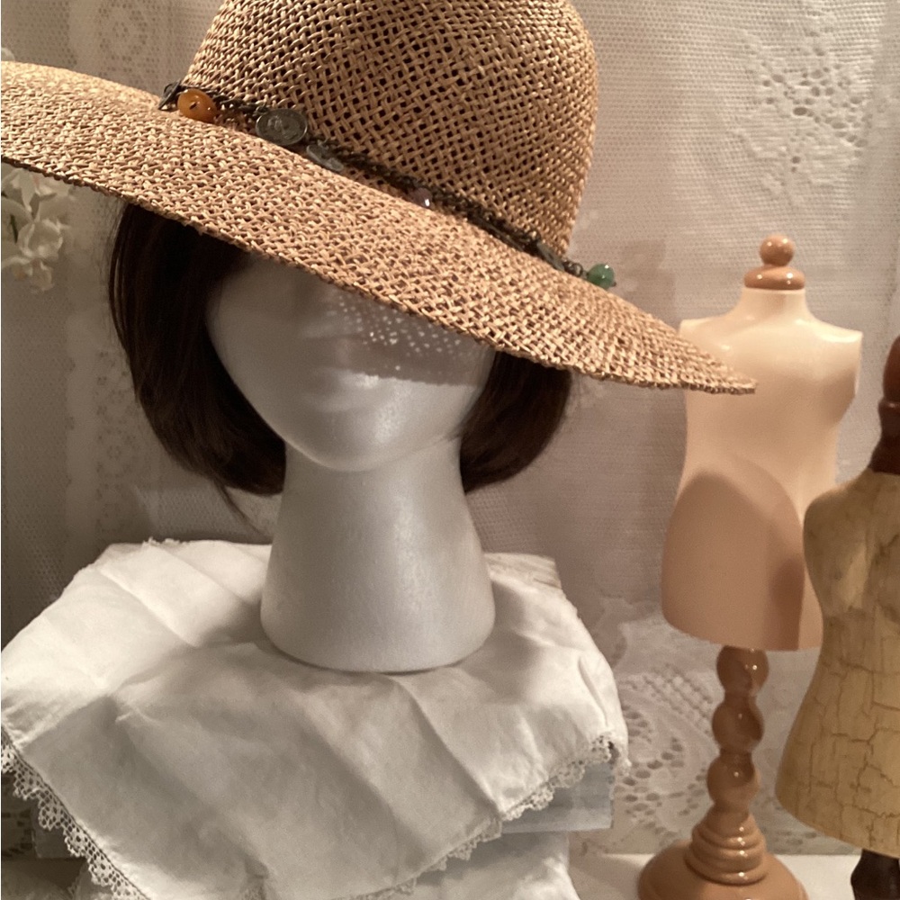 Natural Straw Women’s Summer Floppy Hat/ Distressed Coin /Beaded  Charm Band